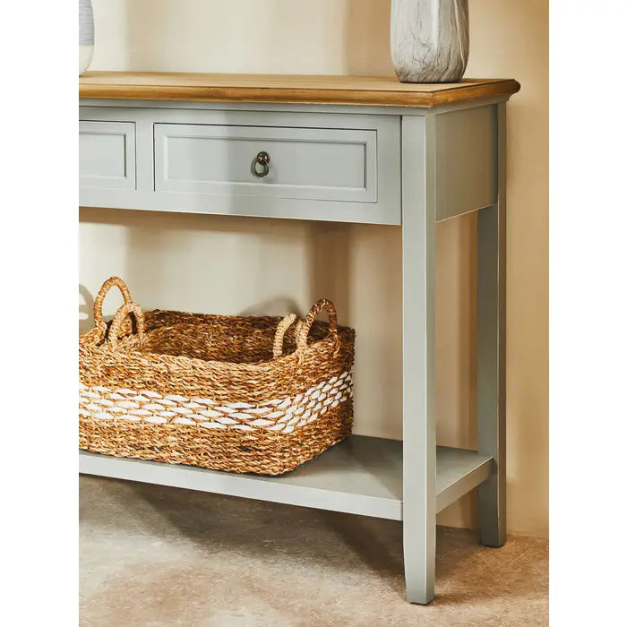 Console table stylish in a beautiful grey finish with natural wood coloured top.