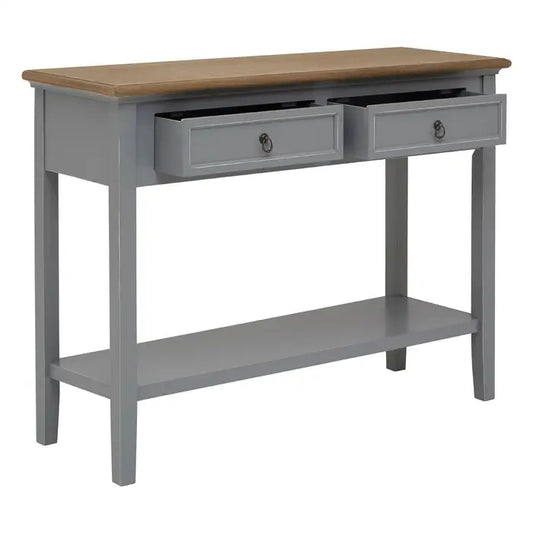 Console table stylish in a beautiful grey finish with natural wood coloured top.