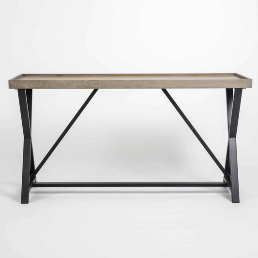 aged oak veneer with crossed frame base in black metal.