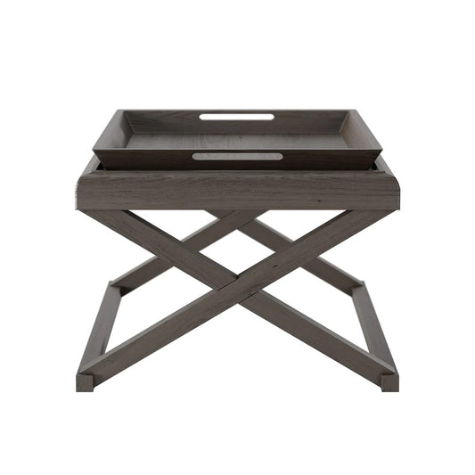 Grey aged oak and oak veneer with three removable trays and visible grain details. Complete with matching console table. 