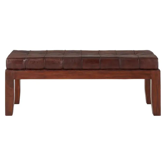 Antique brown leather, this bench has a soft button tufted seat.