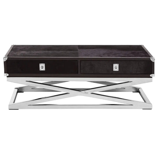 Black and silver with leather trim coffee table. 