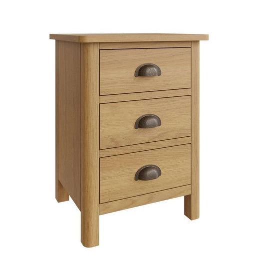 This oak bedroom collection is designed and manufactured to bring you exceptional value. The rustic oak finish with antique style cup handles and rounded corners means each item is designed to add traditional style to modern homes.  Dimensions: 42 x 35 x 58 cm