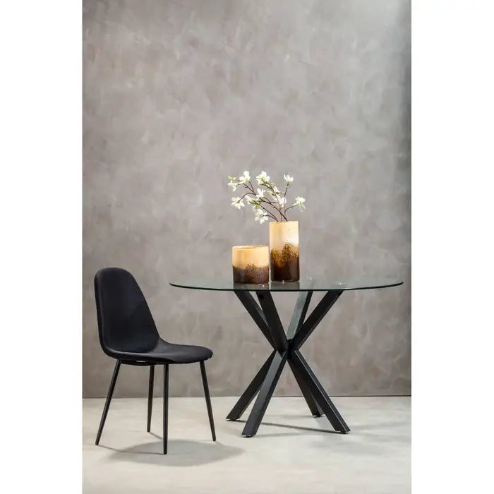 Sheldon Round Glass Top Dining Table With Black Metal Legs