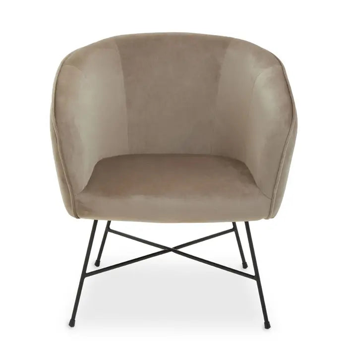 Front picture of mink soft touch velvet chair with black frame. 
