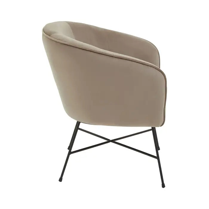 Side view of mink soft touch velvet chair showing chair and black frame. 