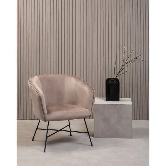 Mink coloured soft touch velvet chair with black frame pictured with concrete style floor and vase accessory. 