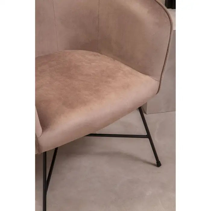 Close up front angle of mink soft touch velvet chair, showing chair and black frame. 