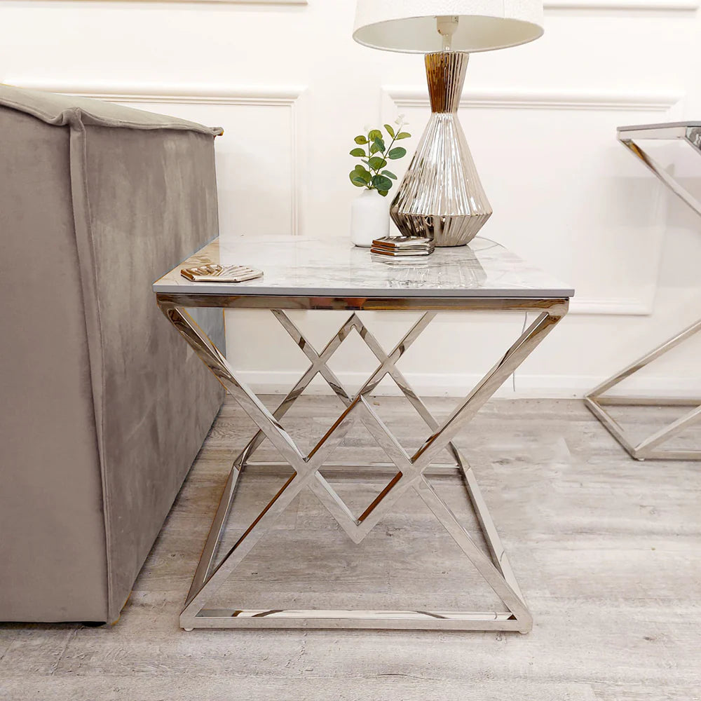 Valley Chrome Lamp Table with Ash Sintered Stone Top