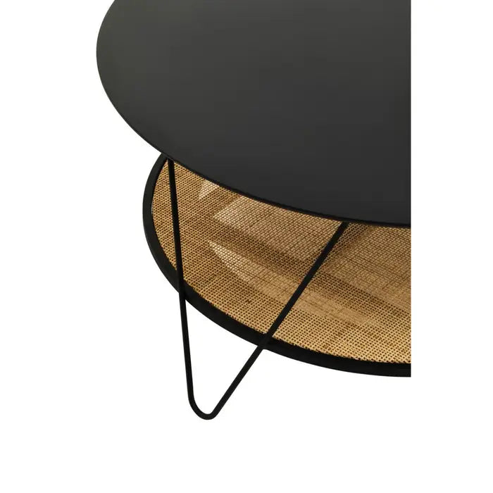 Coffee table with natural rattan shelf with black metal top and matching black metal legs.