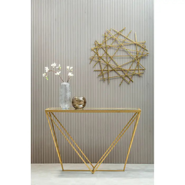 Gold and glass geometric console table.