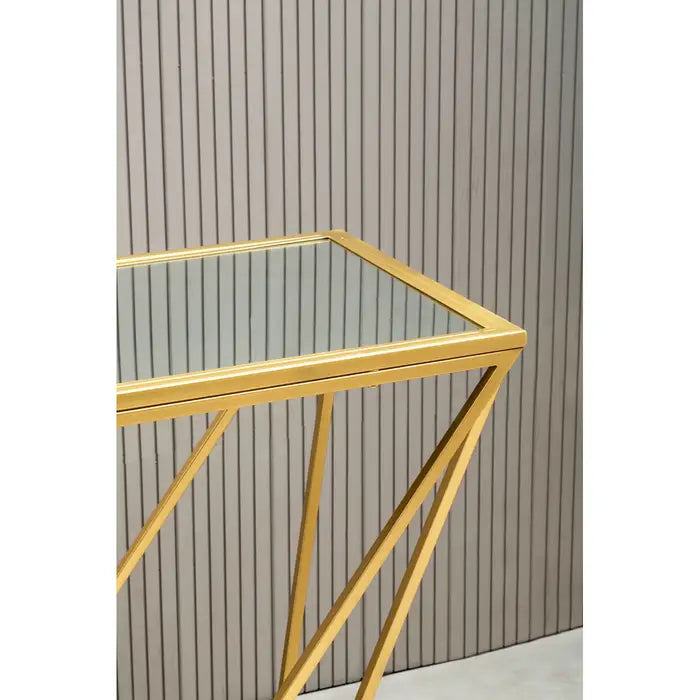 Gold and glass geometric console table.