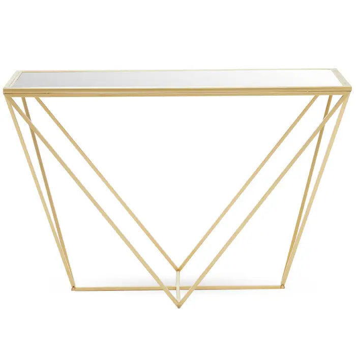 Gold and glass geometric console table.