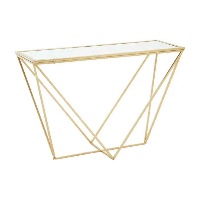 Gold and glass geometric console table.