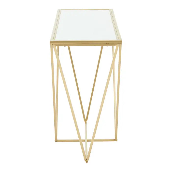 Gold and glass geometric console table.