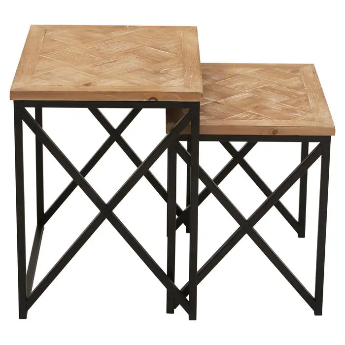 2 wood topped side tables with black iron frame. 