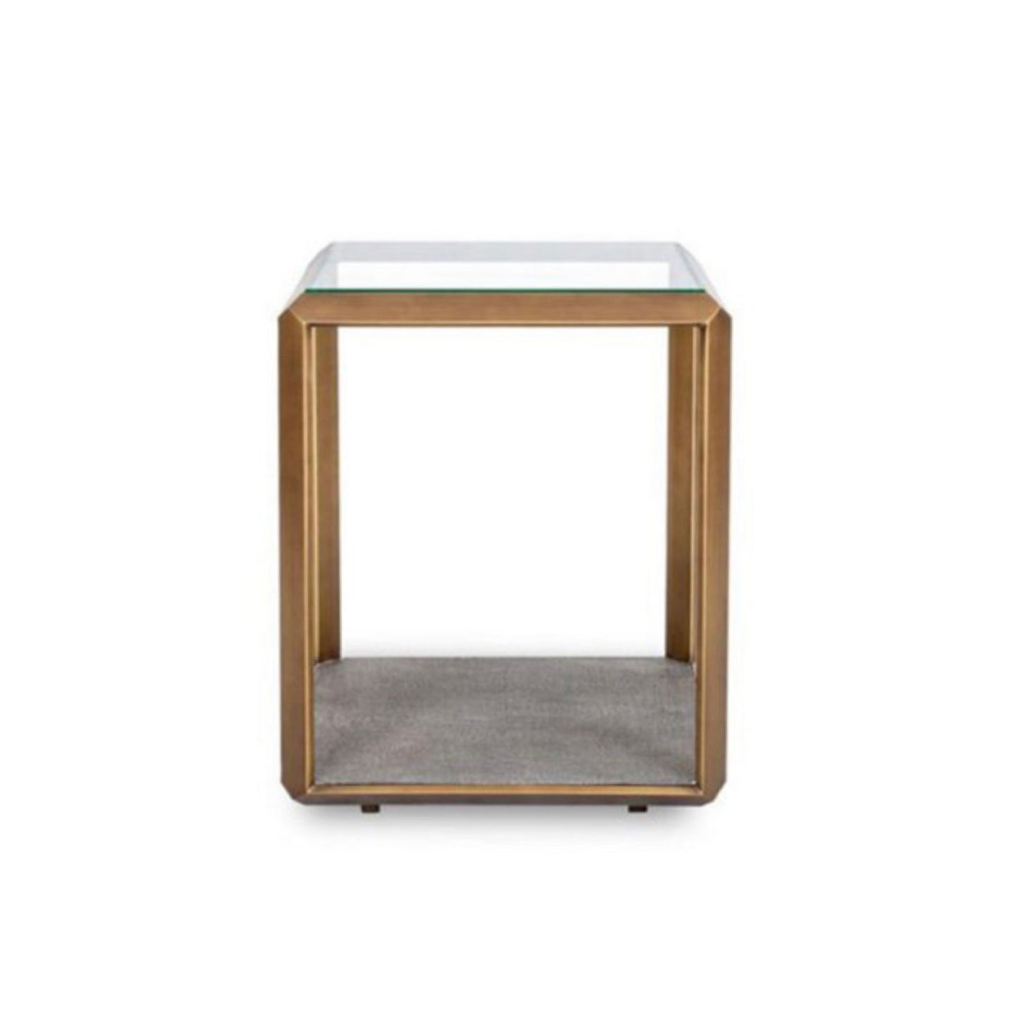The Earl Side Table in Ivory or Grey combines glass, brass, and shagreen to create a harmonious juxtaposition of materials, blending modern aesthetics with a hint of exotic flair.