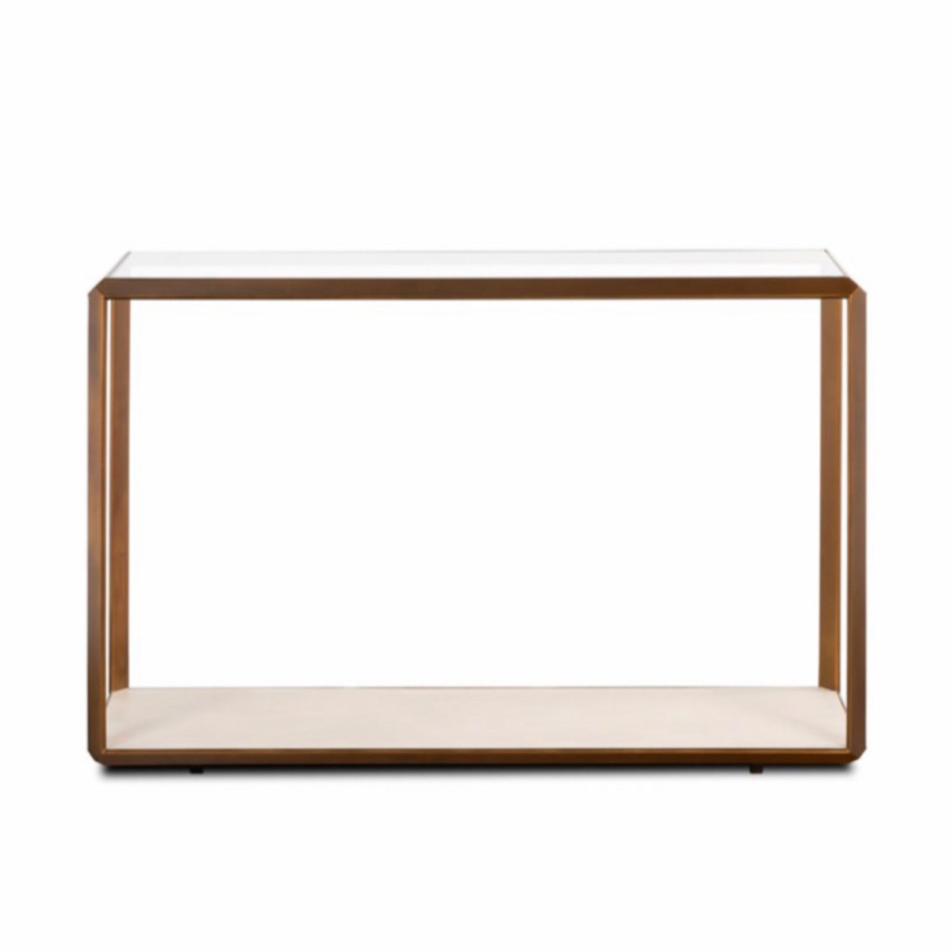 The Earl Console Table in Ivory or Grey combines glass, brass, and shagreen to create a harmonious juxtaposition of materials, blending modern aesthetics with a hint of exotic flair.