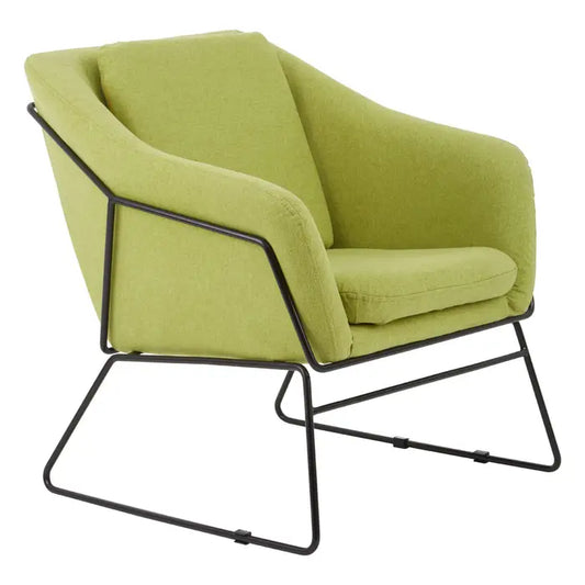 Green comfort chair with black iron frame.
