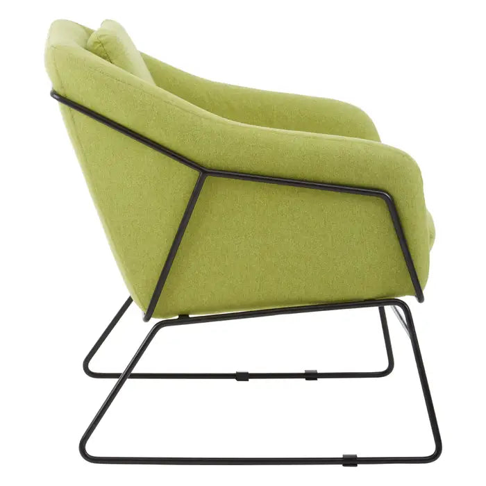 Green comfort chair with black iron frame.