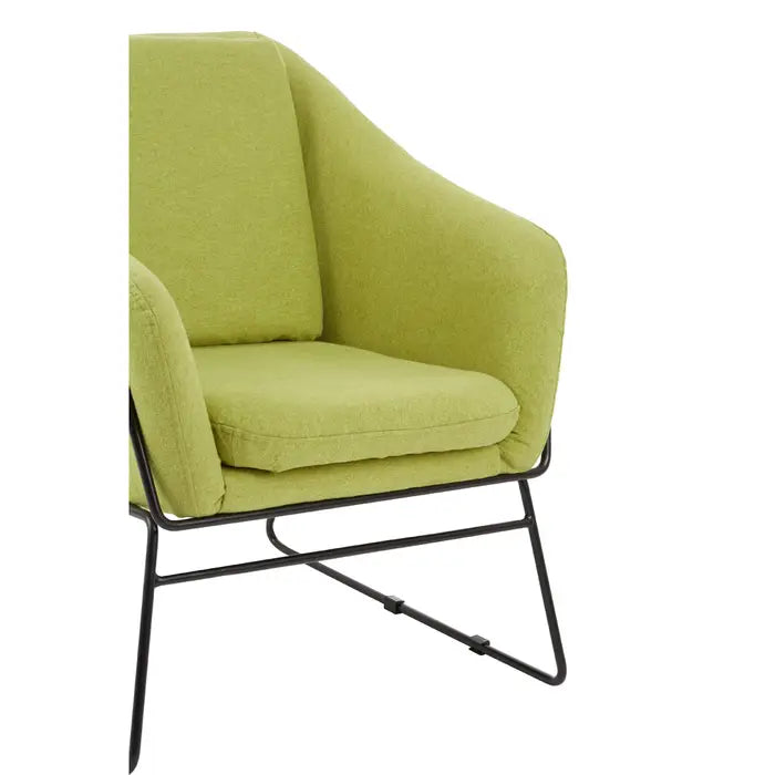 Green comfort chair with black iron frame.