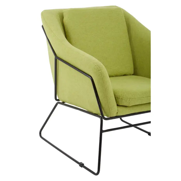 Green comfort chair with black iron frame.