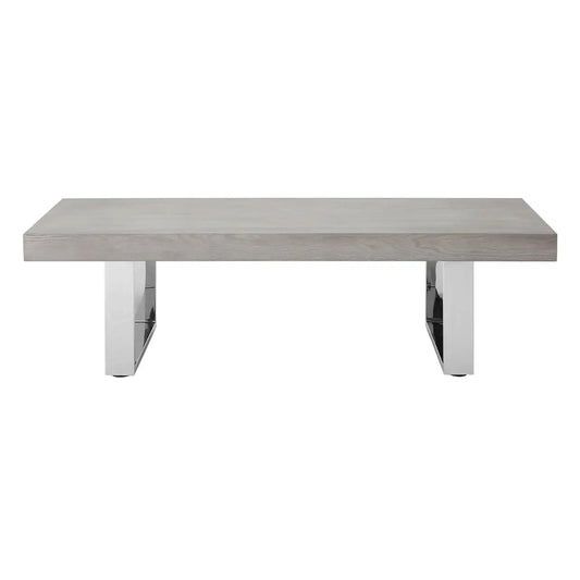 Natural elm wood and reflective steel legs coffee table. 