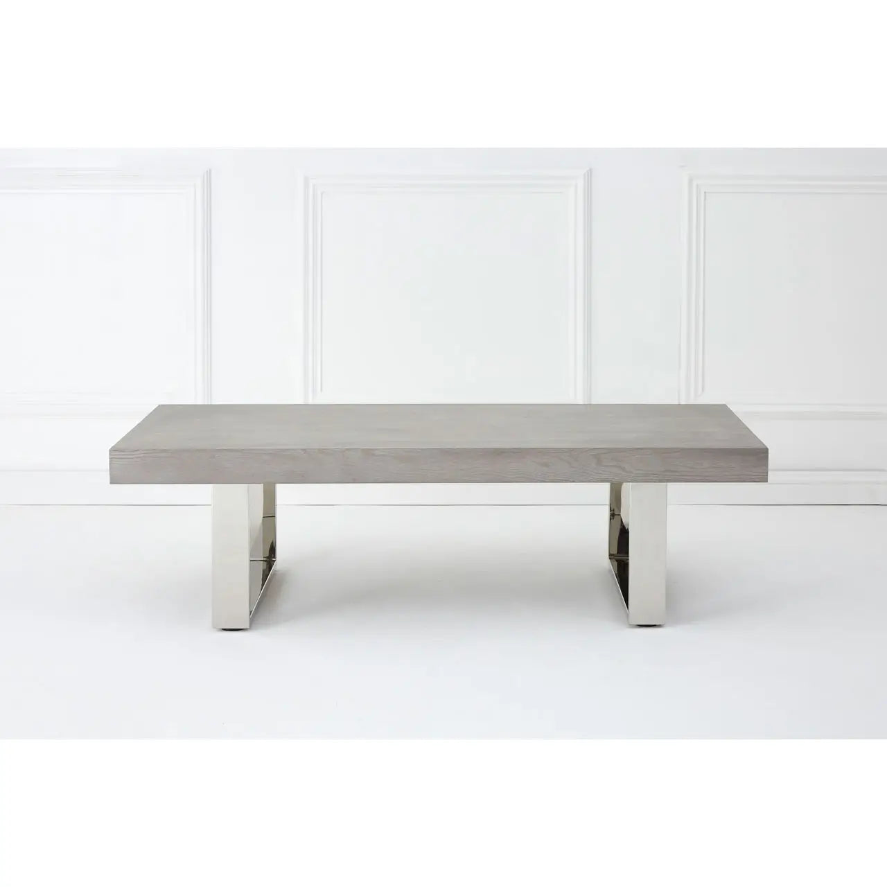 Natural elm wood and reflective steel legs coffee table. 