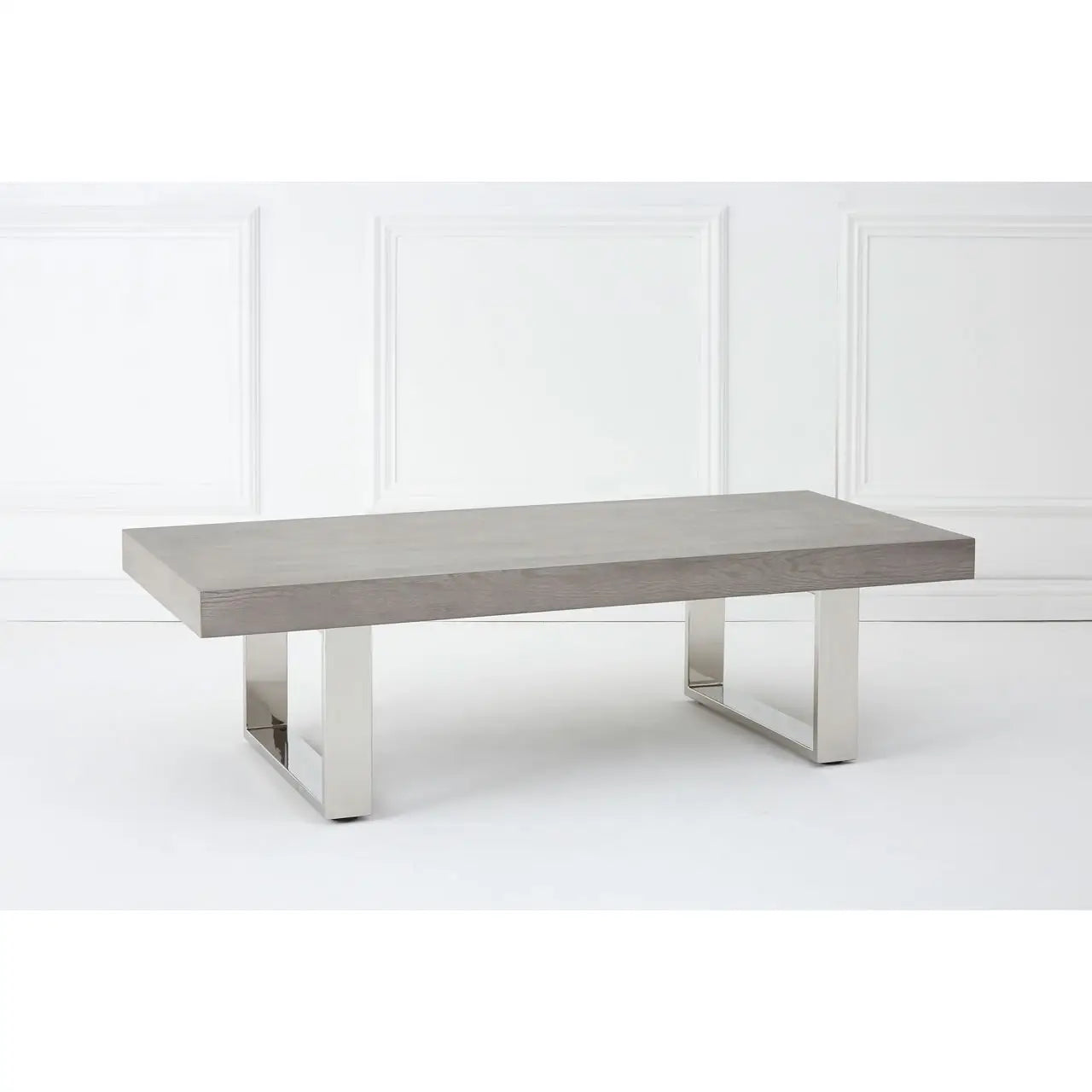 Natural elm wood and reflective steel legs coffee table. 