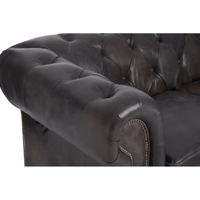 Chesterfield style 2 seater, grey leather sofa with studded detail. 