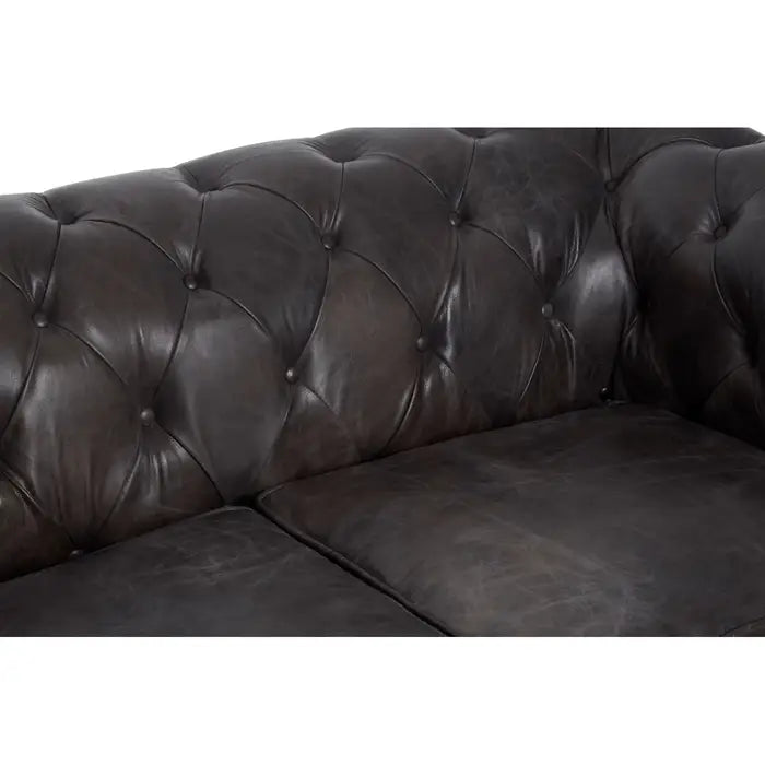 Chesterfield style 2 seater, grey leather sofa with studded detail. 