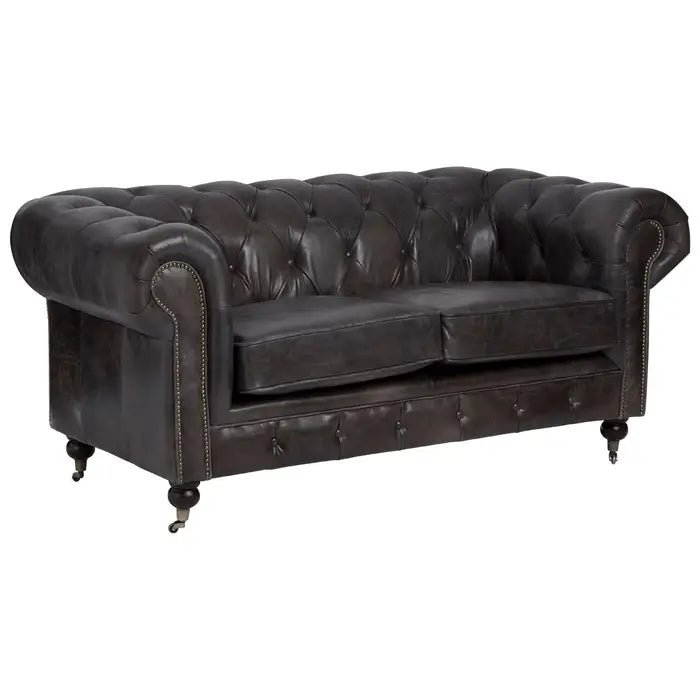 Chesterfield style 2 seater, grey leather sofa with studded detail. 