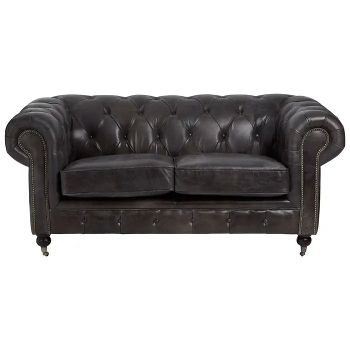 Chesterfield style 2 seater, grey leather sofa with studded detail. 