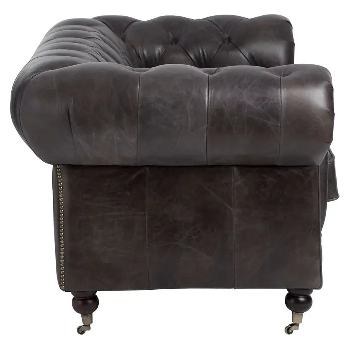 Chesterfield style 2 seater, grey leather sofa with studded detail. 