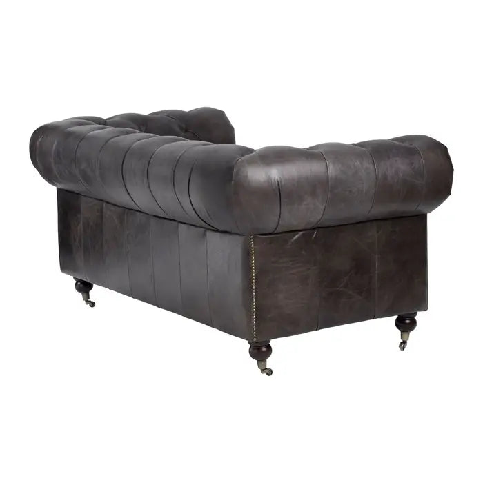 Chesterfield style 2 seater, grey leather sofa with studded detail. 