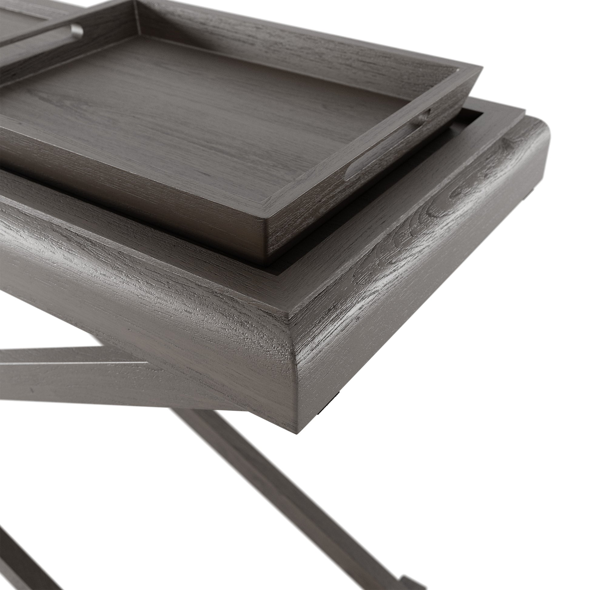 Console table with grey aged oak with visible grain. 