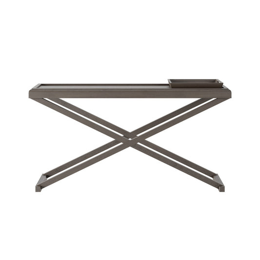 Console table with grey aged oak with visible grain. 