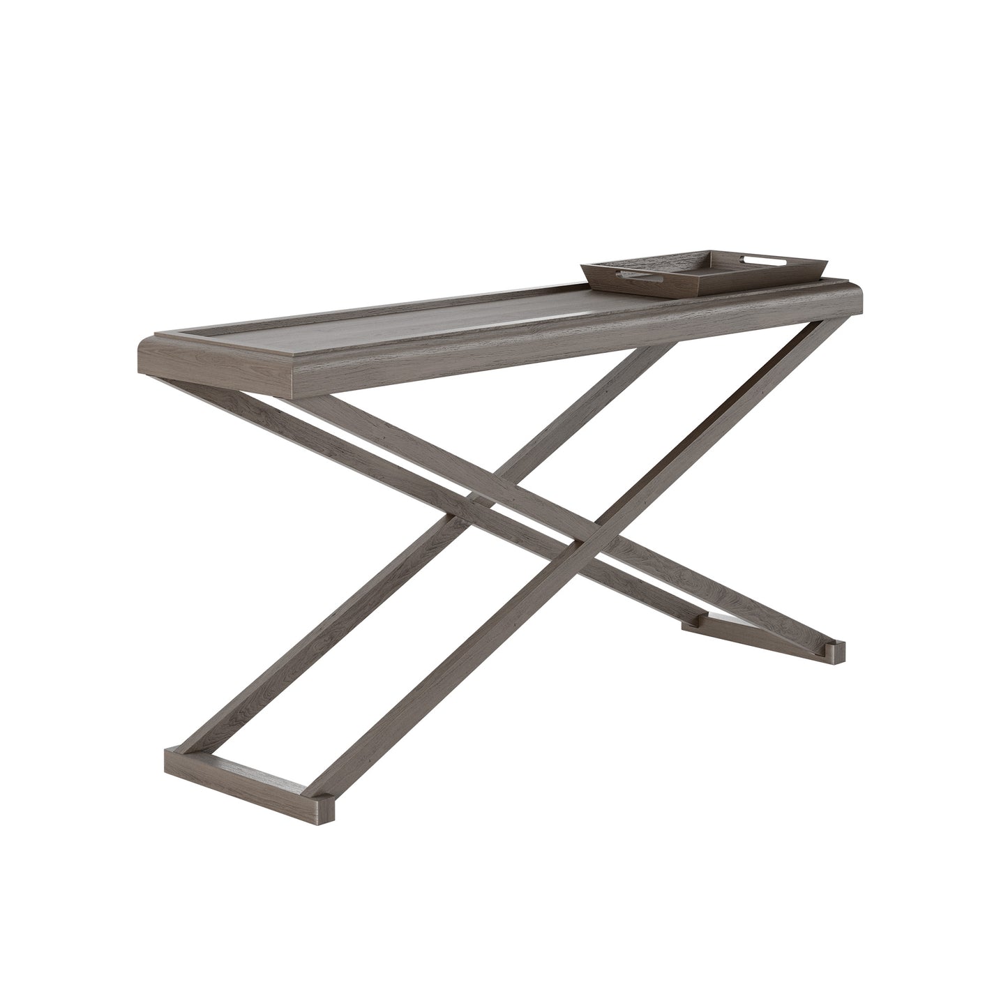 Console table with grey aged oak with visible grain. 