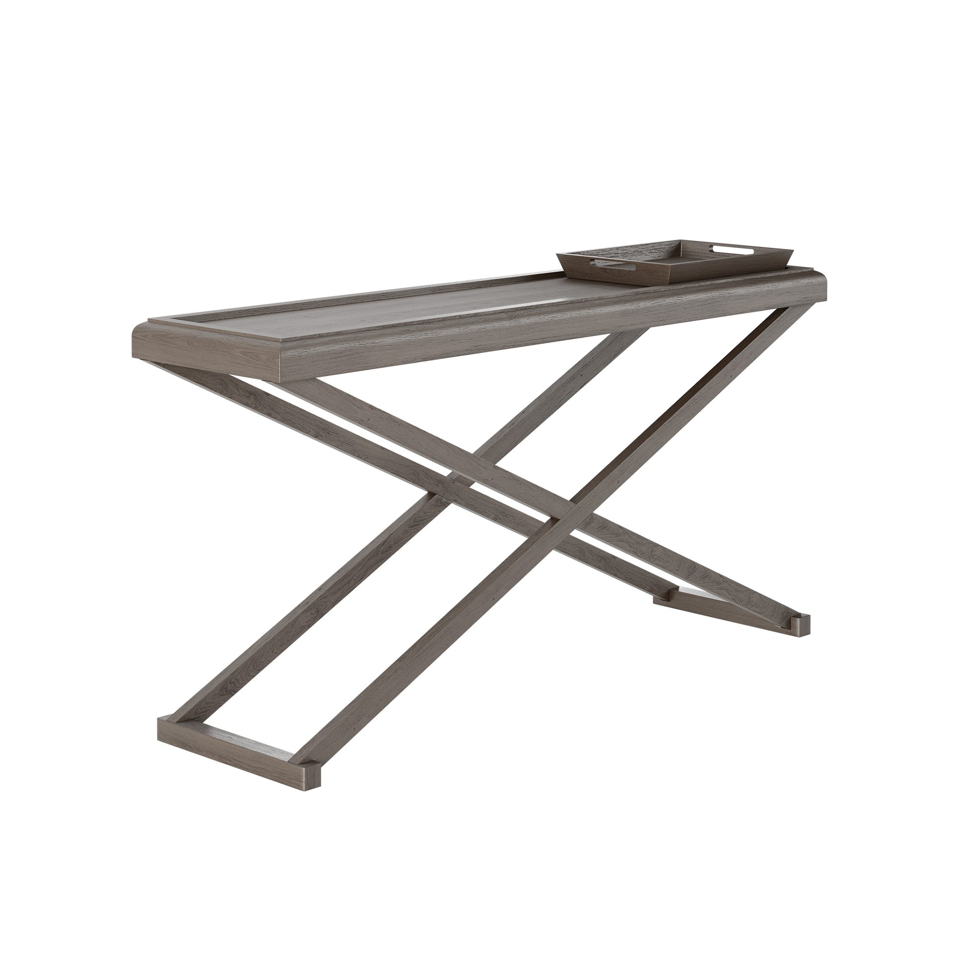 Console table with grey aged oak with visible grain. 